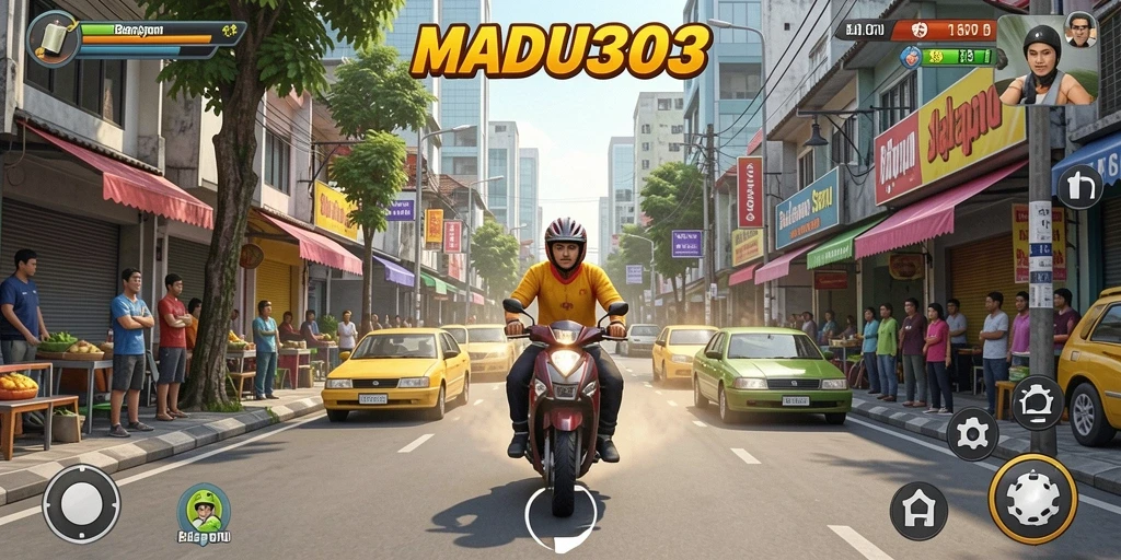 Skrinsut gameplay MADU303 menampilkan balapan cepat dan seru di lintasan.