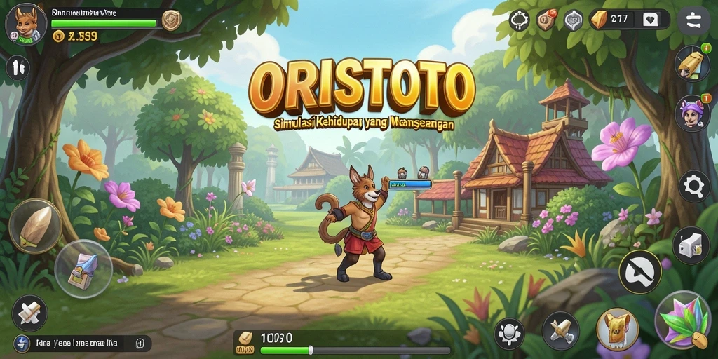 Screenshot gameplay ORISTOTO menunjukkan suasana dunia simulasi yang kaya.