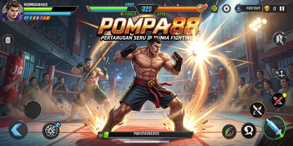 Screenshot POMPA88 menunjukkan pertarungan sengit dengan karakter beraksi.