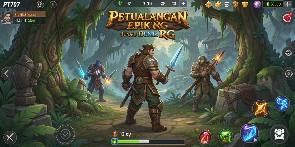 Screenshot utama PT707 menampilkan pertarungan aksi dalam dunia RPG yang hidup.