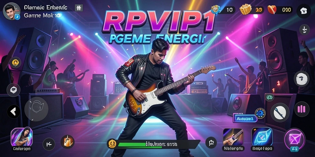 Screenshot menampilkan gameplay RPVIP1 dengan antarmuka yang menarik dan lagu yang sedang dimainkan.